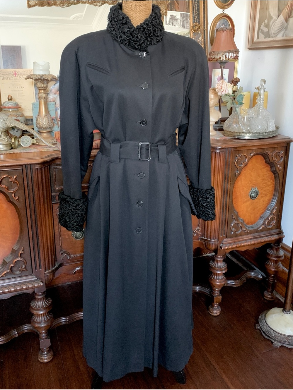 Vintage Black Mysterious Gothic Wool Trench Peacoat w Persian Lamb Fur Details